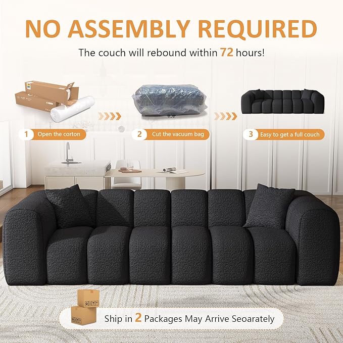 96 Modular Sectional SofaModern Boneless Cloud Couch with Deep SeatUpholstered 4-Seater Sofa Chenille Boucle Couches for Living Room Wide Seat Cozy Loveseat with Armrest (Black 96-INCH)