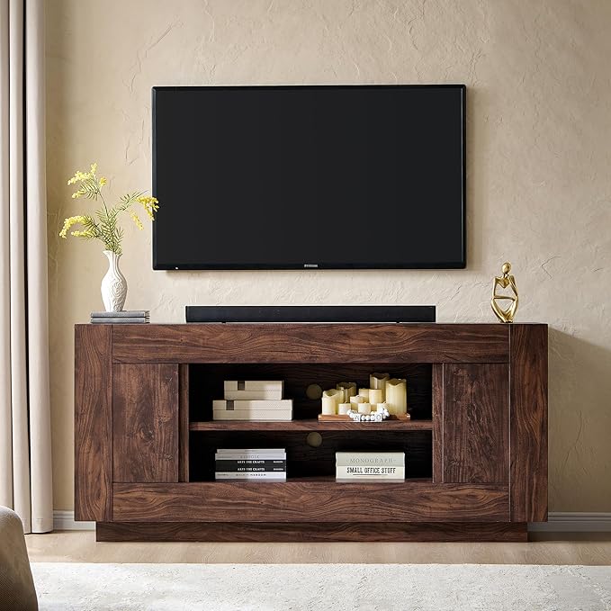 OKD Modern 70 TV Stand Entertainment Center for TVs Up to 80 Media Console with Large Open Storage &amp Side Cabinets Thick Wood Design for Living Room Dark Walnut