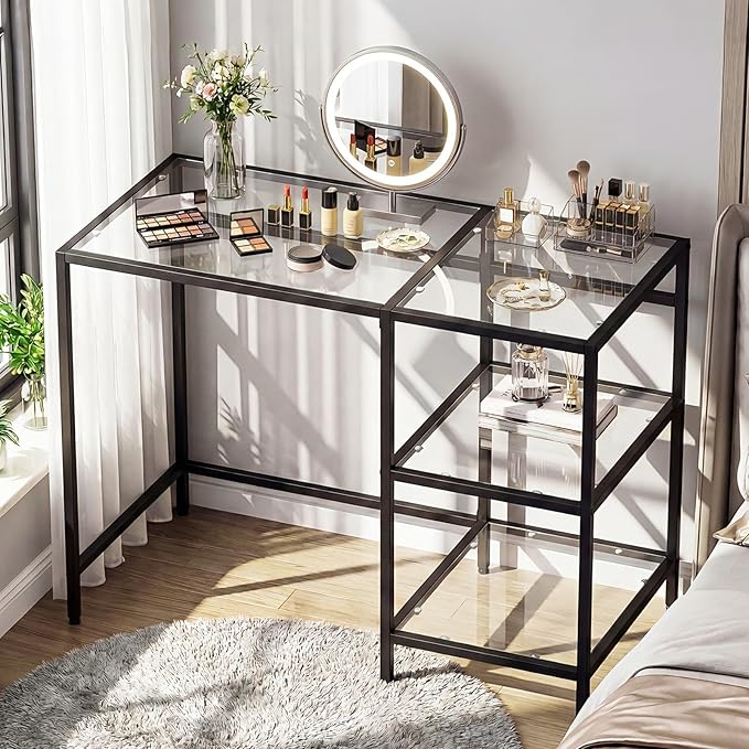 Giantex Computer Desk 42 Inch Home Office Desk with Tempered Glass Storage Shelves &amp Metal Frame Modern Work PC Desk Study Writing Table for Small Space Black