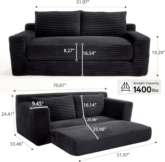 GNIXUU 71 Corduroy Cloud Loveseat Sofa 2 in 1 Convertible Sleeper Sofa with Fixed-Shape Frame Comfy Folding Boneless Love Seat Couches for Living Room Apartment Small Spaces Drak Grey