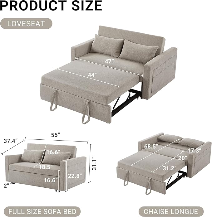 55.5 Fabric Convertible Sofa Bed Pull Out Sleeper Sofa Bed Loveseat Couch with Side Pocket 3 in 1 Convertible Sleeper Sofa Bed for Living Room Apartment Bedroom RV Light Grey