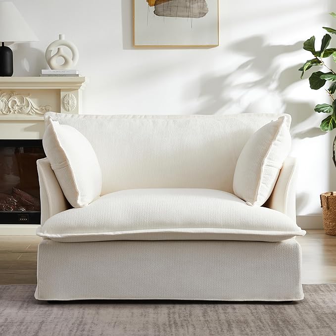 Merax 47.2 Oversized Accent Chair with Dual-Port Charging Skirted Base Deep and Wide Seat Cloud-Like Comfy Single Sofa Modern Design for Living Room&ampApartment ChenilleWhite