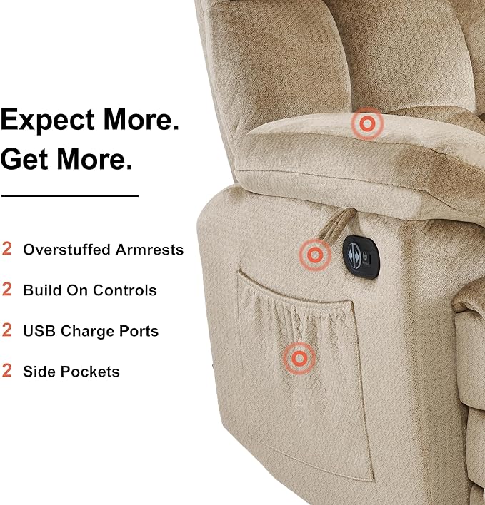 MCombo 58.7 Zero Gravity Power Loveseat Recliner with Heat and Vibration Massage Reclining Loveseat Sofa with USB Ports for Living Room Fabric 6237 (Beige)