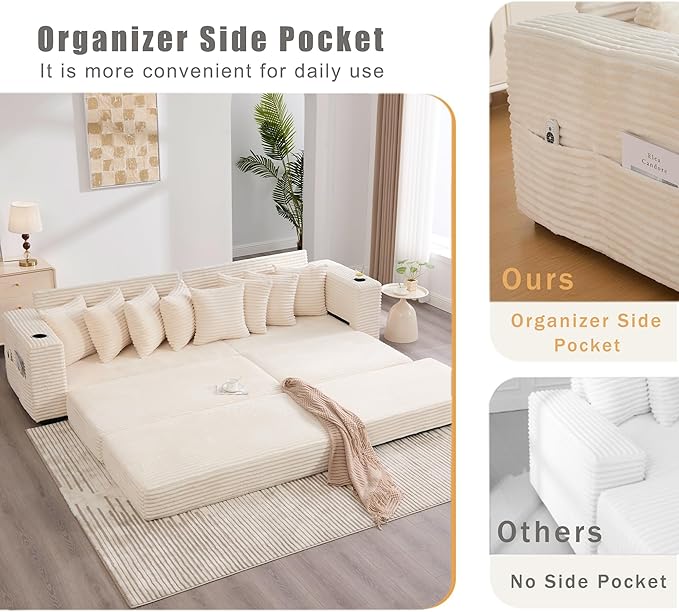 Oversized L-Shaped Modular Sectional Sofa Couch with 8 Pillows Convertible Corduroy Sleeper Sofa Bed with Cupholders &amp Storage Pockets Cloud Couch with Movable Ottoman for Living Room Beige