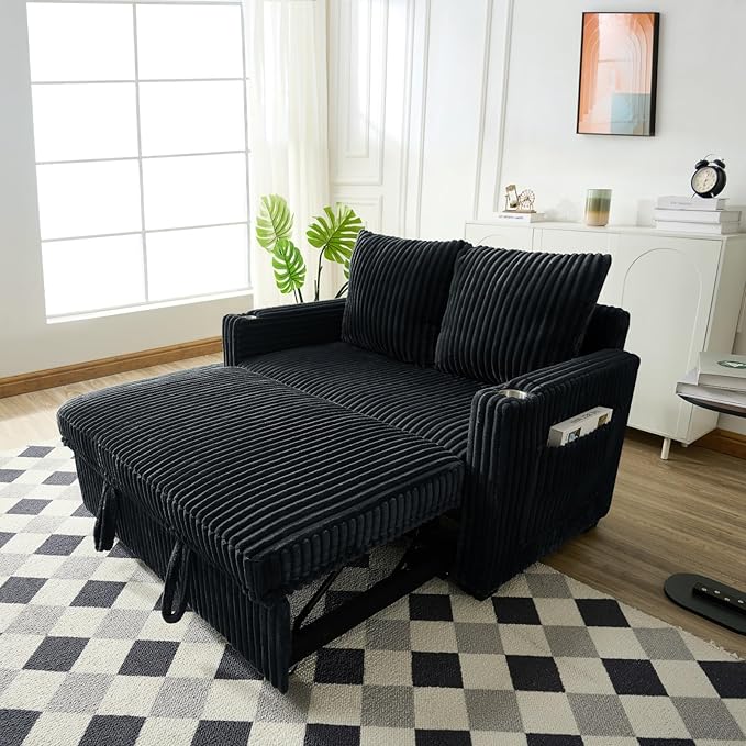 3 in 1 Pull Out Couch 56 Inch Corduroy Sofa Bed Convertible Loveseat Sleeper Sofa for Living Room Adjustment Backrest Upholstered Couch Bed with 2 Side Pockets USB Cup Holder Black