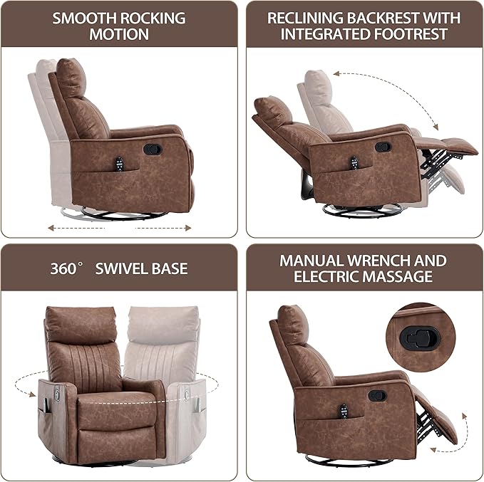 PELUMY 360 Swivel Rocking Recliner Chair for Adults Nursery Rocking Chair with Heat and Massage Glider Reclining Chair for Small Space Living Room Bedroom (Breathable Leather Brown)