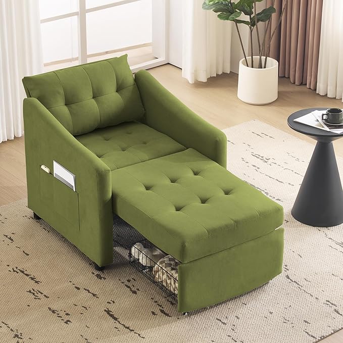 Bezseller Convertible Sofa Bed Chair 3-in-1 Sleeper Chair with Storage Drawer Pull Out Couch with Side Pocket Pillow and Adjustable Backrest for Small Spaces Living Room Green