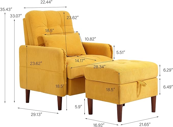 Lumibee Accent Chair with Storage Ottoman Upholstered Comfy Reading Chair with Adjustable Reclining Backrest Corduroy Fabric Lounge Chair Armchair for Living Room Bedroom Set of 2 Orange
