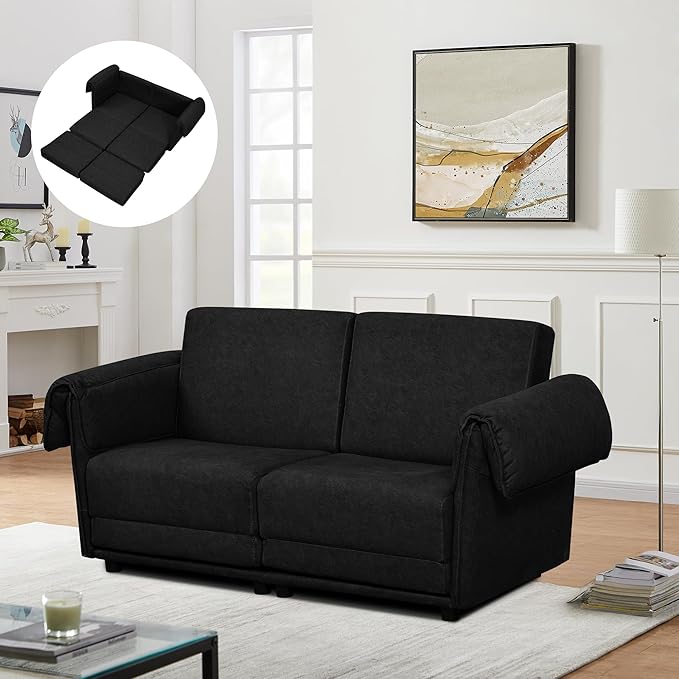 FHFO 65 Loveseat Sleeper Couch for Small Spaces 3 in 1 Pull Out Sofa Bed Convertible Sleeper Sofa Comfy Sofabed for Living Room Bedroom Apartment (Black)