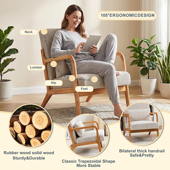 Mid Century Modern Accent Chair Upholstered Corduroy Armchair with Lumbar Pillow Solid Rubberwood Frame for Living Room Bedroom Waiting Room Beige