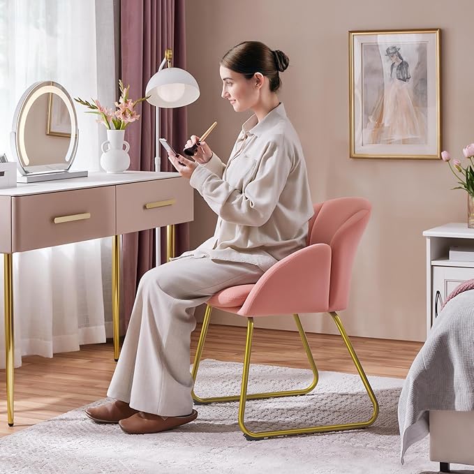 Yaheetech Flower Shape Velvet Vanity Chair Modern Side Armchair Makeup Chair no Wheels with Golden Metal Legs for Living Room/Dressing Room/Bedroom/Home Office/Kitchen Pink