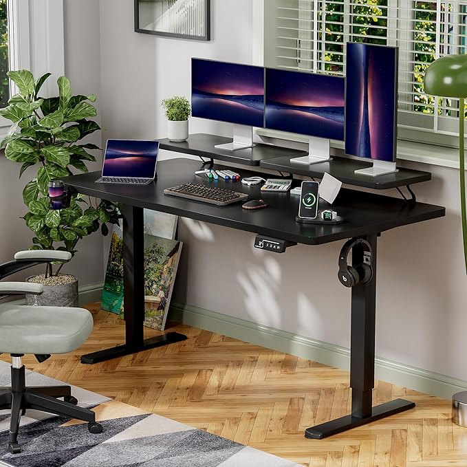 Shahoo Electric Standing Desk with Monitor Shelf 63 x 24 Inches Height Adjustable Corner Table Computer Workstation with Cup Holder and Hook for Home Office Black 63x24 Inch