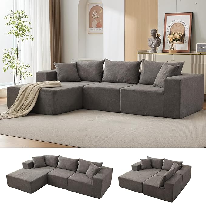 GarveeLife 108” Modular Sectional Sofa Cloud Sectional Couch with L-Shape Chaise Modern Modular Deep Seat Sofa Couch Upholstered Boneless Couches for Living Room Bedroom Left Facing Chaise Grey