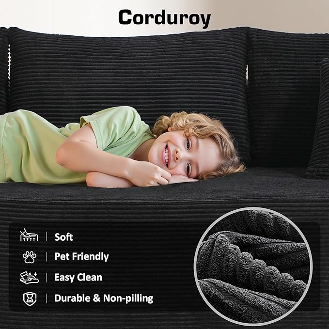 106 Cloud Sectional Couch with Chaise LoungeL Shaped Modular Modern SofaComfy Corduroy Fluffy Sofa with Deep SeatNo Assembly Required Couch for Living Room(LeftStripe CorduroyBlack)