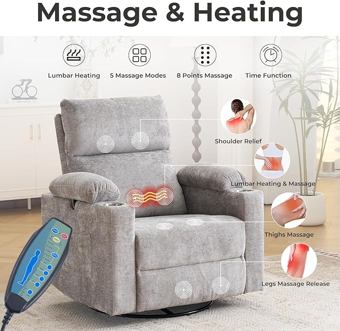 Power Recliner with Adjustable Armrests Rocking Chair Nursery with Massage and Heat Electric Glider Recliner Nursing Chair for Breastfeeding Swivel Rocker Recliner Chenille Light Grey