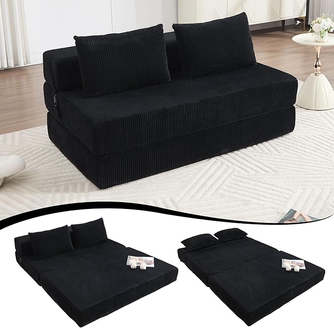 GNIXUU Fold Out Couch 3-in-1 Convertible Futon Sofa Bed with 2 Pillows Corduroy Foldable Floor Chair Boneless Loveseat Couches for Living Room Bedroom Small Spaces Black