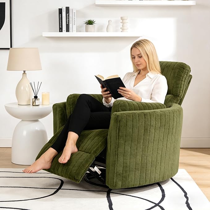 leovanni Power Swivel Rocker Recliner Chenille Upholstered Nursery Glider Rocking Chair with 2 Pillows USB Ports Electric Nursing Reclining Chairs Bedroom Living Room Olive Green
