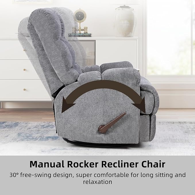 CANMOV Swivel Rocker Recliner for Adults Glider Rocking Reclining Chair for Nursery Manual Recliner Chair with Overstuffed Back and Arms for Living Room Bedroom Nursery Grey