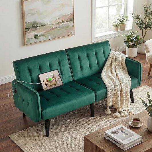 TYBOATLE 65 W Velvet Modern Convertible Folding Futon Couch Sofa Bed w/ 2 USB Charging Ports and arms Loveseat for Living Room Office Apartment Bedroom (Green)