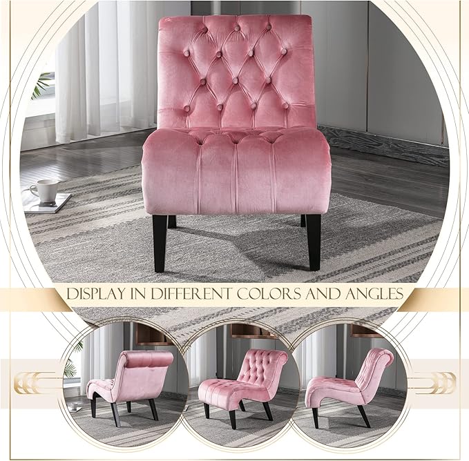 KINFFICT Velvet Accent Lounge Chair for Living Room Modern Leisure Chair with Tufted Backrest Indoor Armless Side Chair Upholstered Bedroom Sleeper Chairs with Solid Wood Legs