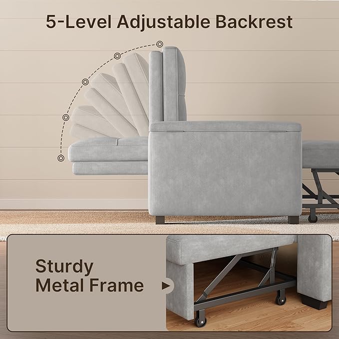 Gizoon Convertible Sofa Bed Futon Queen Size Sleeper Loveseat with Pull Out Couch 3 in 1 Plush Fleece Fabric Futon Couch with Side Pockets Storage Armrest &amp Adjustable Backrest for Living Room