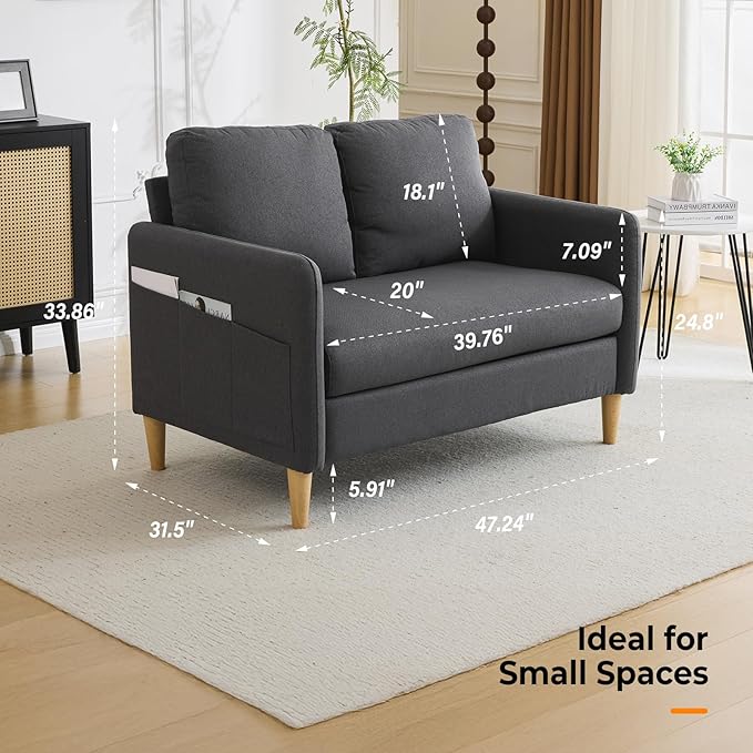 VINGLI 47 Small Couch Dark Grey Linen Loveseat Sofa Mini Couch Mid Century Modern Decor Love Seat for Small Spaces Living Room Bedroom Play Room