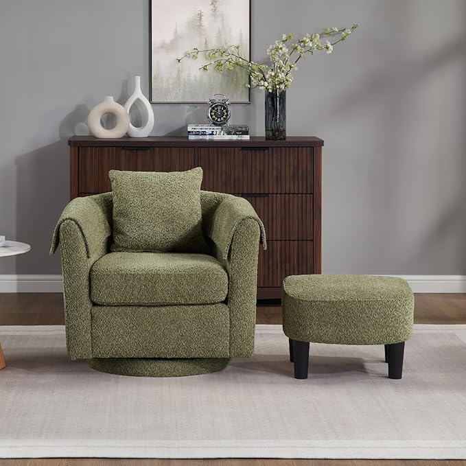 Swivel Accent Chair with Ottoman Modern Chenille Comfortable Bucket Chair with Removable Pillow Small Couch Barrel Armchair for Small Spaces Living Room Bedroom Office (Green)