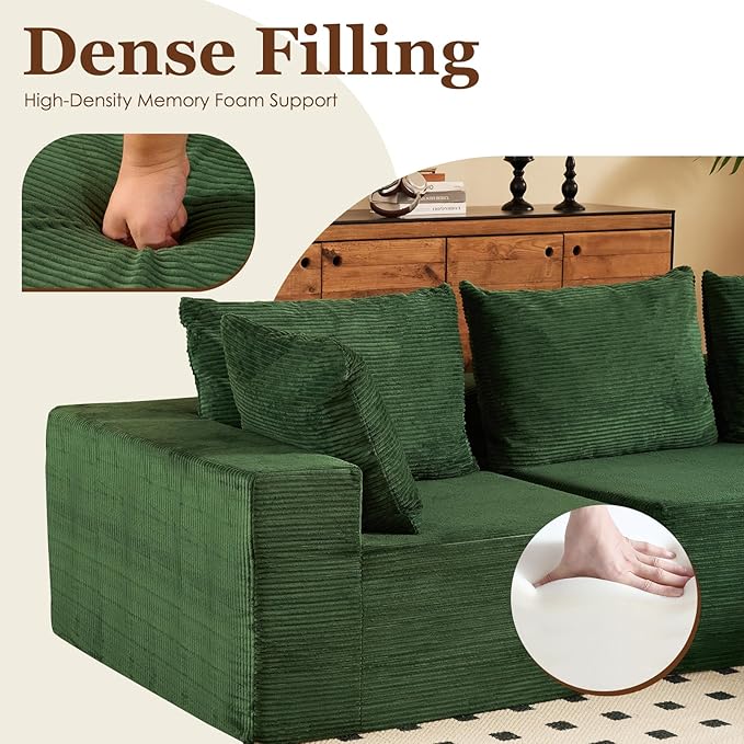 INGEROOM 108 Cloud Sectional Couch with L-Shape Chaise Modular Sofa Memory Foam Boneless Sofa with Movable Ottoman Plush Corduroy Memory Foam Couch for Living Room No Assembly Forest Green