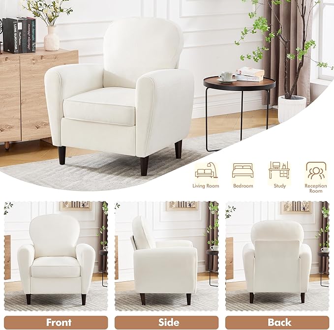 Accent Chair Mid Century Modern Arm Chair with Thick Cushion and Back Comfy Upholstered Reading Chair Single Sofa Chair for Living Room Bedroom Club Beige