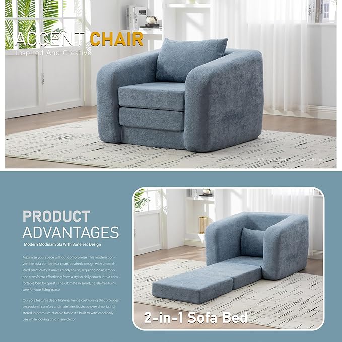 Light Blue Folding Sofa Bed Single - 40 Convertible Chenille Cloud Sleeper Lounge Chair with Floor Mattress &amp Pillow No Assembly Boneless Fold Out Couch for Bedroom Livingroom (Light Blue 40 W