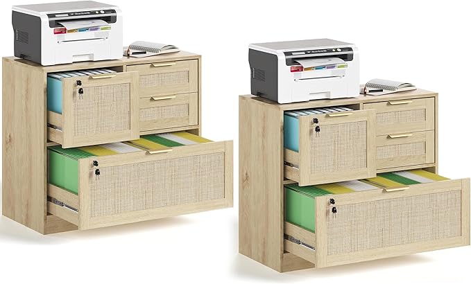 HOPUBUY Lockable 4 Drawers File Cabinet Set of 2 Lateral Filing Cabinet with Printer Stand for Home Office and School Wood Rattan File Cabinet for Hanging Files/Letter/Legal/A4/F4 Size Oak