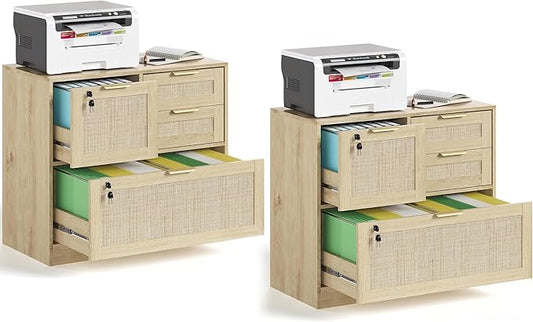 HOPUBUY Lockable 4 Drawers File Cabinet Set of 2 Lateral Filing Cabinet with Printer Stand for Home Office and School Wood Rattan File Cabinet for Hanging Files/Letter/Legal/A4/F4 Size Oak