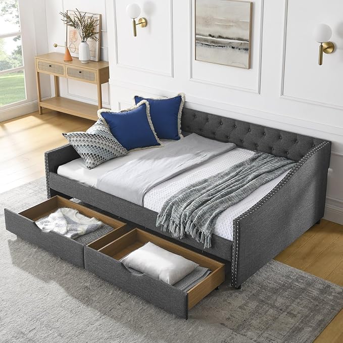 Full Size Upholstered Tufted Daybed with Drawers Dark Grey Linen Sofa Bed with Waved Arms Copper Nailhead Trim Mid-Century Style Eucalyptus Wood Frame