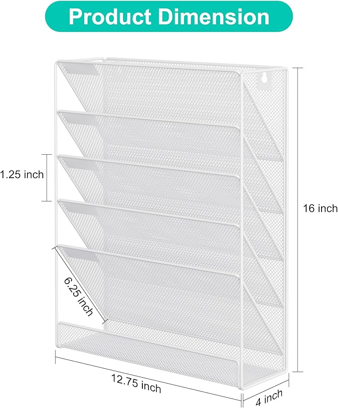 EasyPAG 5 Tier Wall File Holder Mesh Hanging Folder Organizer with Classify Label Versatile Desk File Holder Vertical Wall Mounted Mail Organizer for Office Home Cubicle White