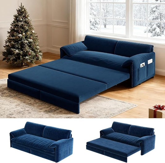 healthomse 66 Queen Size Sleeper Sofa Bed 3-in-1 Convertible Pull Out Sofa Bed with Side Storage Modern Velvet Loveseat for Living Room Bedroom Apartment Office Lounge (Dark Blue 66inch)