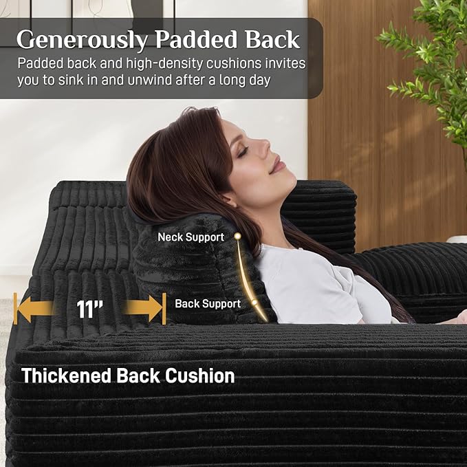 Modular Sectional Sofa 130 U Shaped Cloud Couch Plush Corduroy Comfy Deep Seat Boneless Sofas with 8 Pillows Double Chaise Lounge Sectional Couches with Memory Foam for Living Room - Black