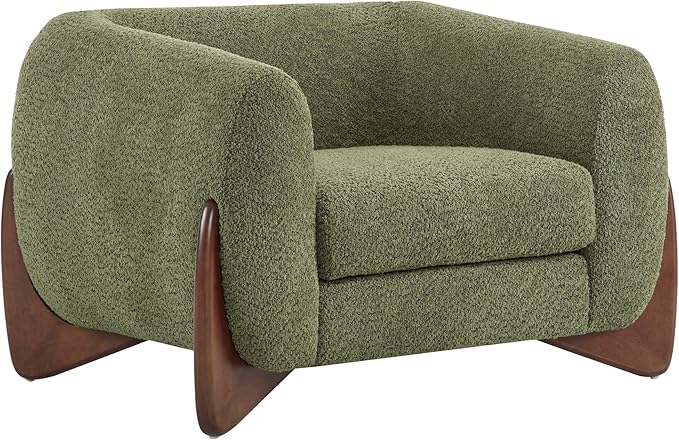 Christopher Knight Home Holly Modern Boucle Fabric Upholstered Club Chair for Living Room Home Office Apartment Relaxing Chair with Removable Cushion and Birch Wood Legs Olive Green+Walnut