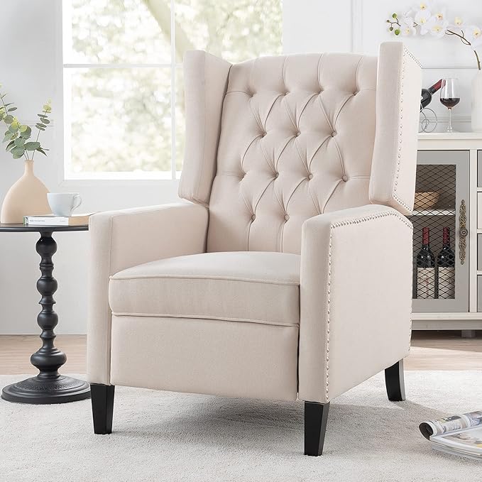 Wingback Recliner Chair Fabric Living Room Chairs Modern High Back Accent Chair Comfy Reading Chair Tufted Wing Back Chairs with Arms for Bedroom Office 27.16 Wide Beige