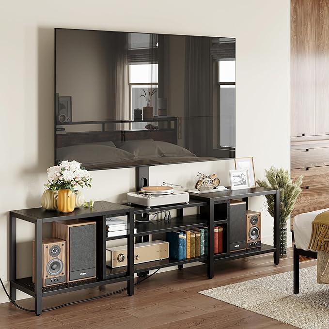 IRONCK 79 Inch TV Stand for TVs up to 85 Inch with Mount and Power Outlet 3 Tiers TV Console with Storage Shelves Entertainment Center Steel Frame for Living Room Bedroom Black