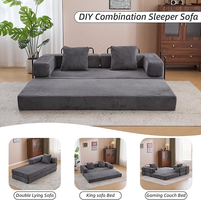Folding Sofa Bed Convertible Sleeper Corduroy Floor Couch with Pillows Fold Out Couch King Size Bed Futon Couchs Foldable Memory Foam Mattress for Living Room Bedroom Playroom (Dark Grey)