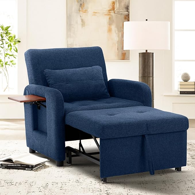 Convertible Sleeper Chair-Fabric Futon Sofa Bed Single Sleeper Sofa Small Couch Bed with USB Port Foldable Table Pillow Adjustable Backrest for Dorm/Bedroom/College DarkBlue