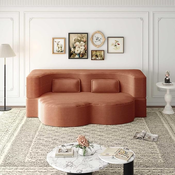 Modern 2-in-1 Convertible Sofa Bed 78 Full Size Corduroy Floor Sofa with 2 Pillows Folding Mattress Sleeper for Living Room &amp Guest Room No Assembly Required