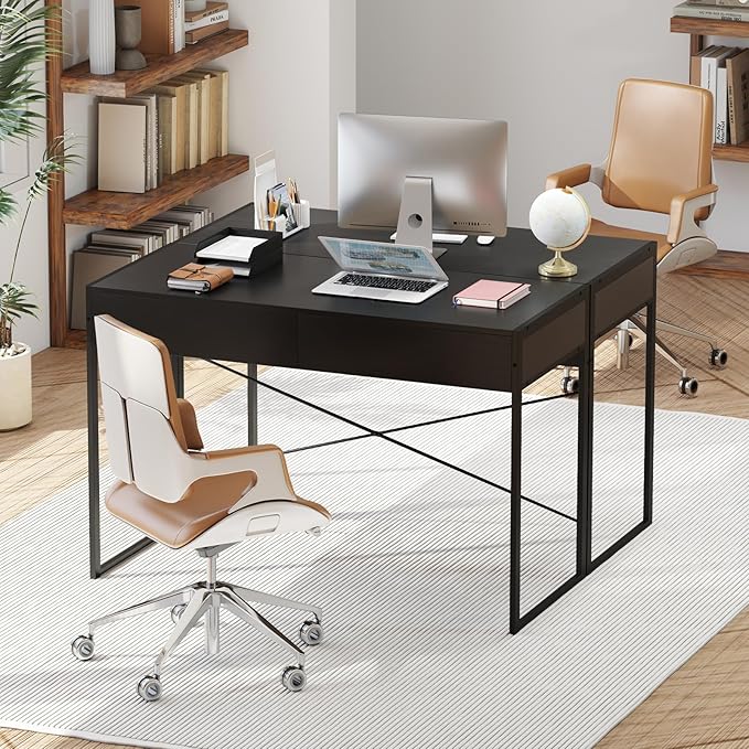 GOFLAME Modern 2-Drawer Computer Desk Home Office Desk w/Reinforced Heavy-Duty Metal Frame Versatile Study Writing Desk w/Anti-Tip Kit Ideal for Bedroom Study Office Small Spaces Black