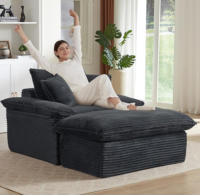 Oversized Chaise Lounge Chair Indoor Upholstered Corduroy Couch with 3 PillowsComfy Fluffy Cloud CouchSingle Sleeper Sofa Chair for Livingroom (Deep Gray + Ottoman 52W X 70.87D)