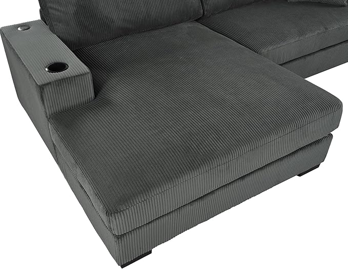Ball &amp Cast Oversized L-Shaped Sectional Sofa with ChaiseLarge Comfy Upholstered Couch W/Thick CushionBuilt-in Cup Holders &amp Charging PortsWide &amp Thick Armrests &amp Seat Designfor Li