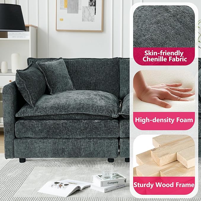 Aoowow Modular Sectional Sofa147.2 Inch Deep 4-Seater Sofas Comfy Chenille Cloud Sofas and Couches with Pillows for Living Room Apartment（Grey）