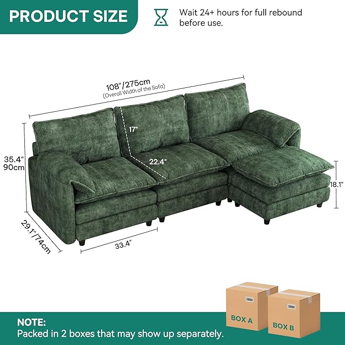 DWVO 108 Modular Sectional Sofa Modern L Shaped Couch with Movable Ottoman Pillow-Armrest Velvet 4 Deep Seat Cloud Couch for Living Room Green