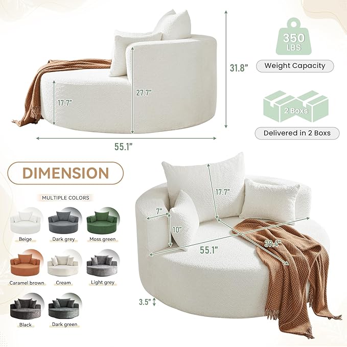 360° Swivel Barrel Chair - Oversized Round Sofa Chair and A Half with Removable Pillows Comfy Modern Upholstered Chenille Deep Seat Circle Chaise Lounge for Living Room Bedroom Office Hotel (White)
