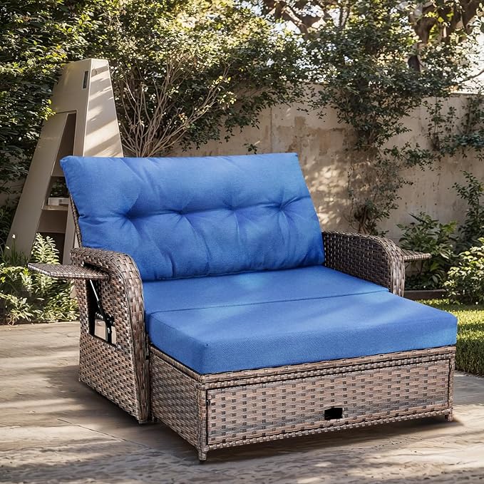 Patio Rattan Daybed Wicker Recliner Loveseat for Two with Multifunctional Recliner and Stowable Side Tray 5 Level Adjustable Backrest (Brown Wicker/Blue Cushion)