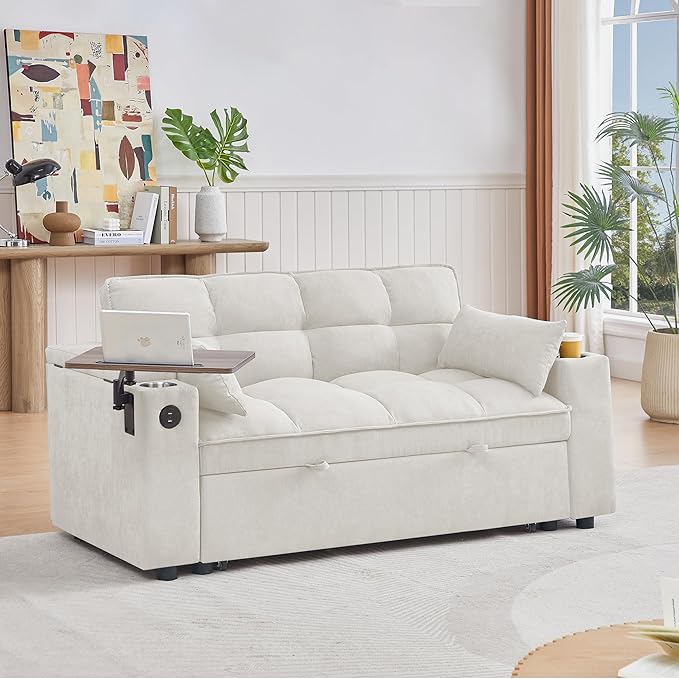 65'' Convertible Sleeper Sofa Bed with Pull-Out Design 3-in-1 Modern Chenille Fabric Couch with 360° Swivel Side Table Queen Size Easy Assembly for Living Room White